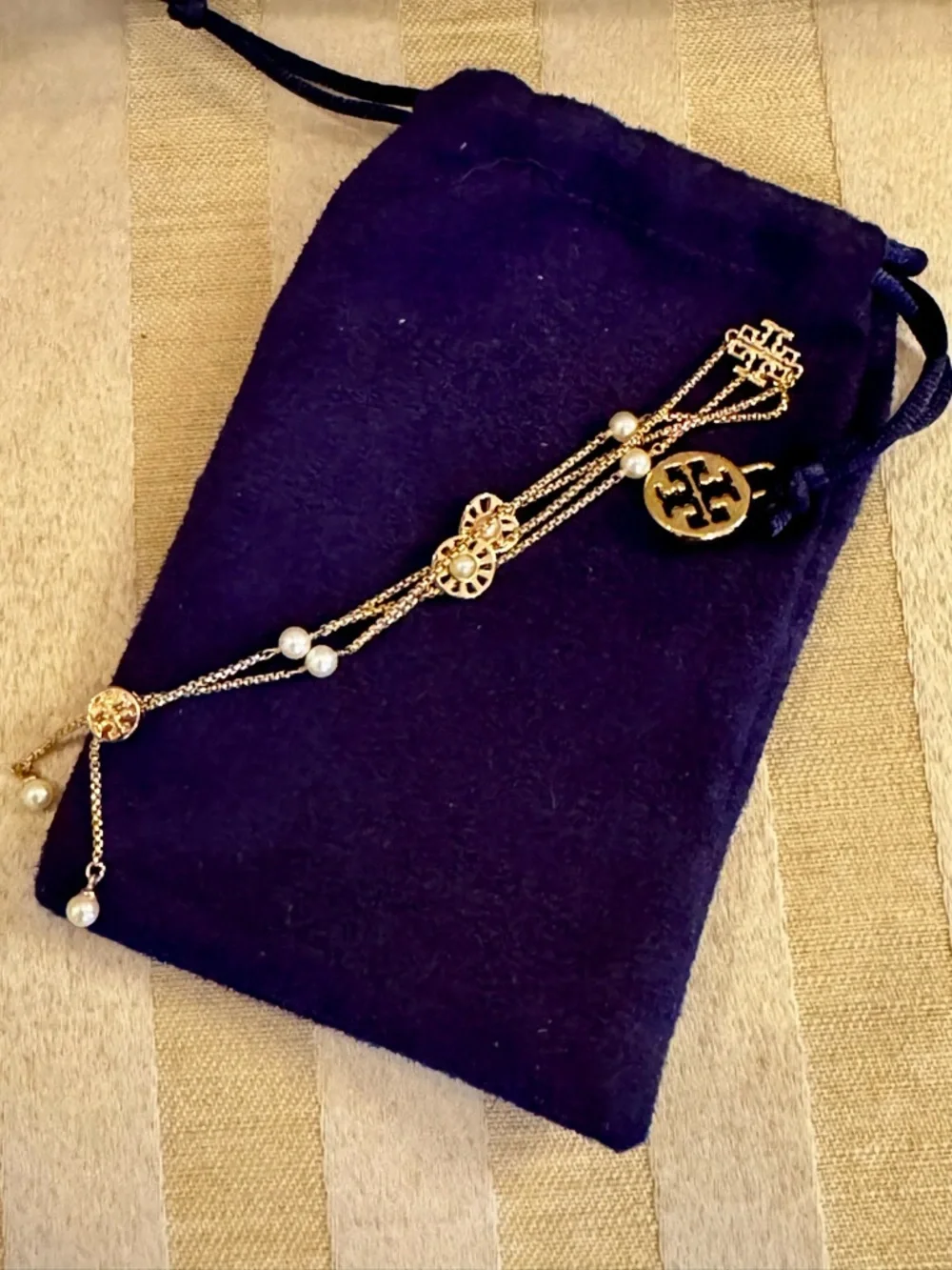 Tory Burch Gold Tone Double-Chain Bracelet with Pearl Accents - Picture 2 of 5